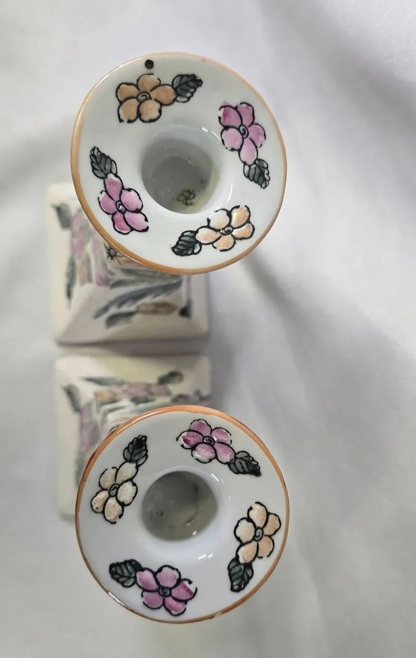 Vintage Hand-Painted Macau Porcelain Candlestick Holders - Floral Chinoiserie Pa